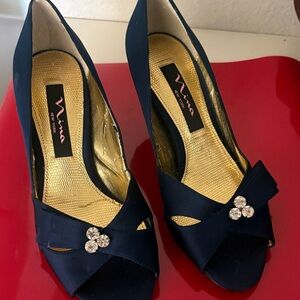 Nina Navy Satin Heels with Rhinestone Accents